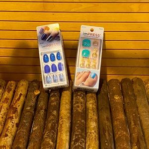 Set of 2 Packs of Kiss ImPress Nails. A Teal Pedicure & Deep Blue Oval Manicure.